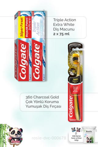 Colgate Action Extra White 2 x 75 ml Diş Macunu, 360 Charcoal Gold Diş Fırçası ve ROSIE