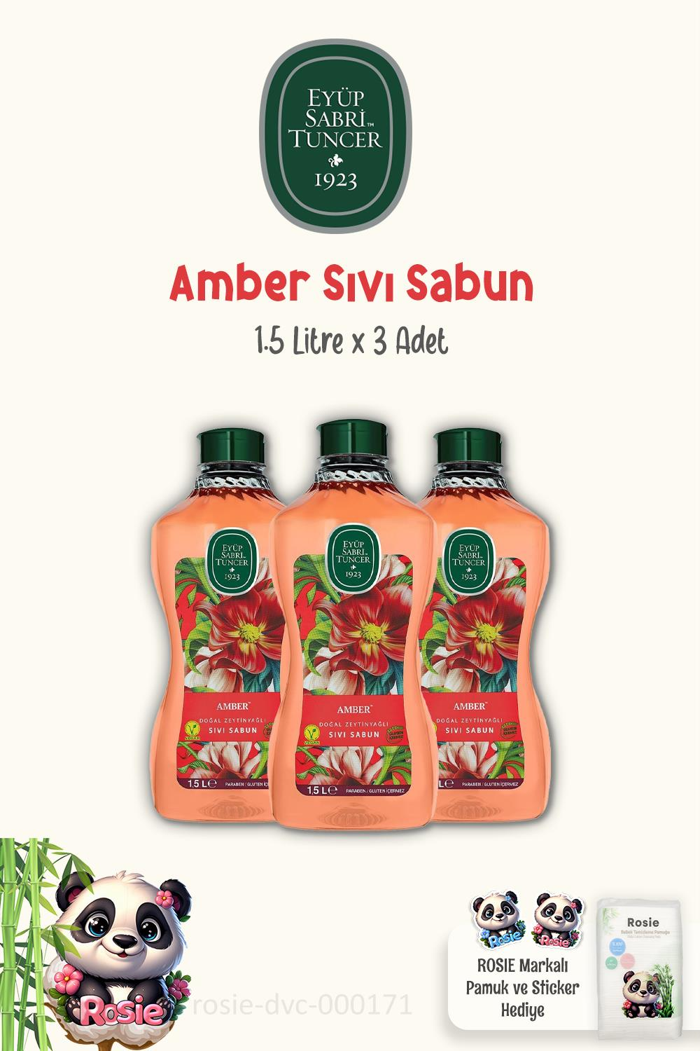 3'lü Eyüp Sabri Tuncer Doğal Zeytinyağlı Sıvı Sabun Amber 1.5 lt ve Pamuk ROSIE