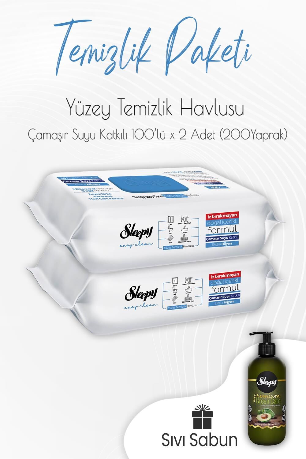 Sleepy Çamaşır Suyu Yüzey Temizlik Havlusu 100' lü x 2 Adet ve Sıvı Sabun