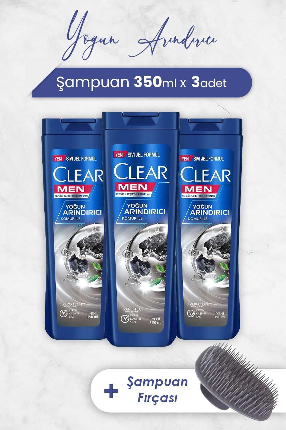 Clear Men Şampuan Yoğun Arındırıcı 350 ml x 3 Adet ve Şampuan Fırçası