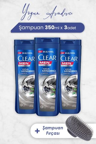 Clear Men Şampuan Yoğun Arındırıcı 350 ml x 3 Adet ve Şampuan Fırçası