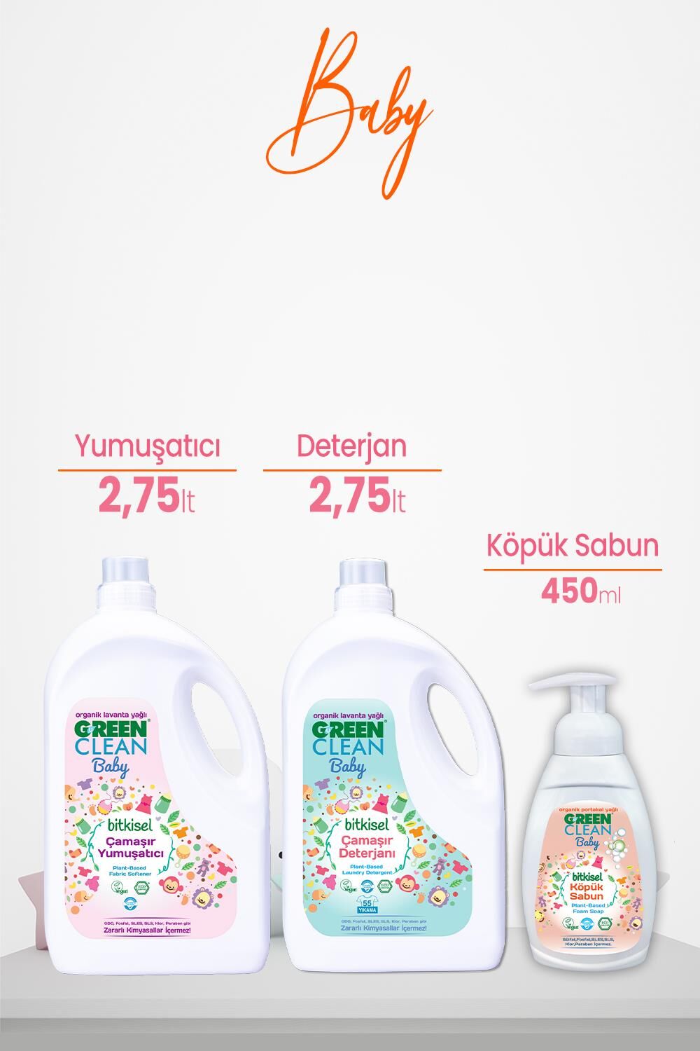 Green Clean Baby Bitkisel Çamaşır Deterjanı ve Yumuşatıcı Lavanta Yağlı 2750 ml ve Köpük Sabun Portakal Yağlı 450 ml