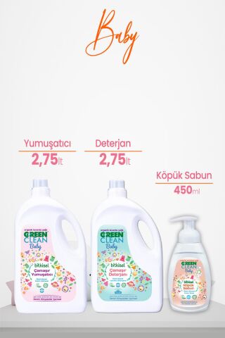Green Clean Baby Bitkisel Çamaşır Deterjanı ve Yumuşatıcı Lavanta Yağlı 2750 ml ve Köpük Sabun Portakal Yağlı 450 ml