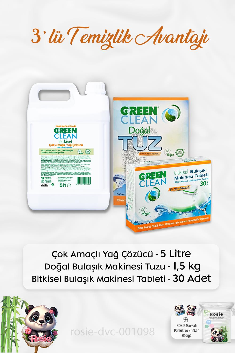 Green Clean Yağ Çözücü 5 lt, B.Makinesi Tableti 30'lu, Makine Tuzu 1.5 kg ve ROSIE
