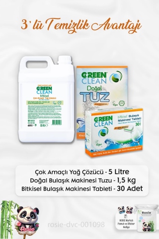Green Clean Yağ Çözücü 5 lt, B.Makinesi Tableti 30'lu, Makine Tuzu 1.5 kg ve ROSIE