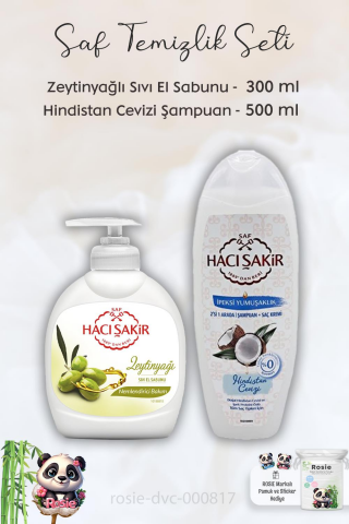 Hacı Şakir Zeytinyağlı Sıvı Sabun 300 ml,  Hindistan Cevizli Şampuan 500 ml  ve ROSIE