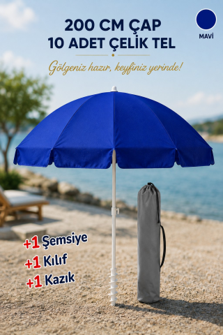 200 çap/ 10 çelik tel Mavi Plaj Şemsiyesi + Kazık + Kılıf, Sahil Paketi