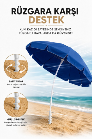 200 çap/ 10 çelik tel Mavi Plaj Şemsiyesi + Kazık + Kılıf, Sahil Paketi