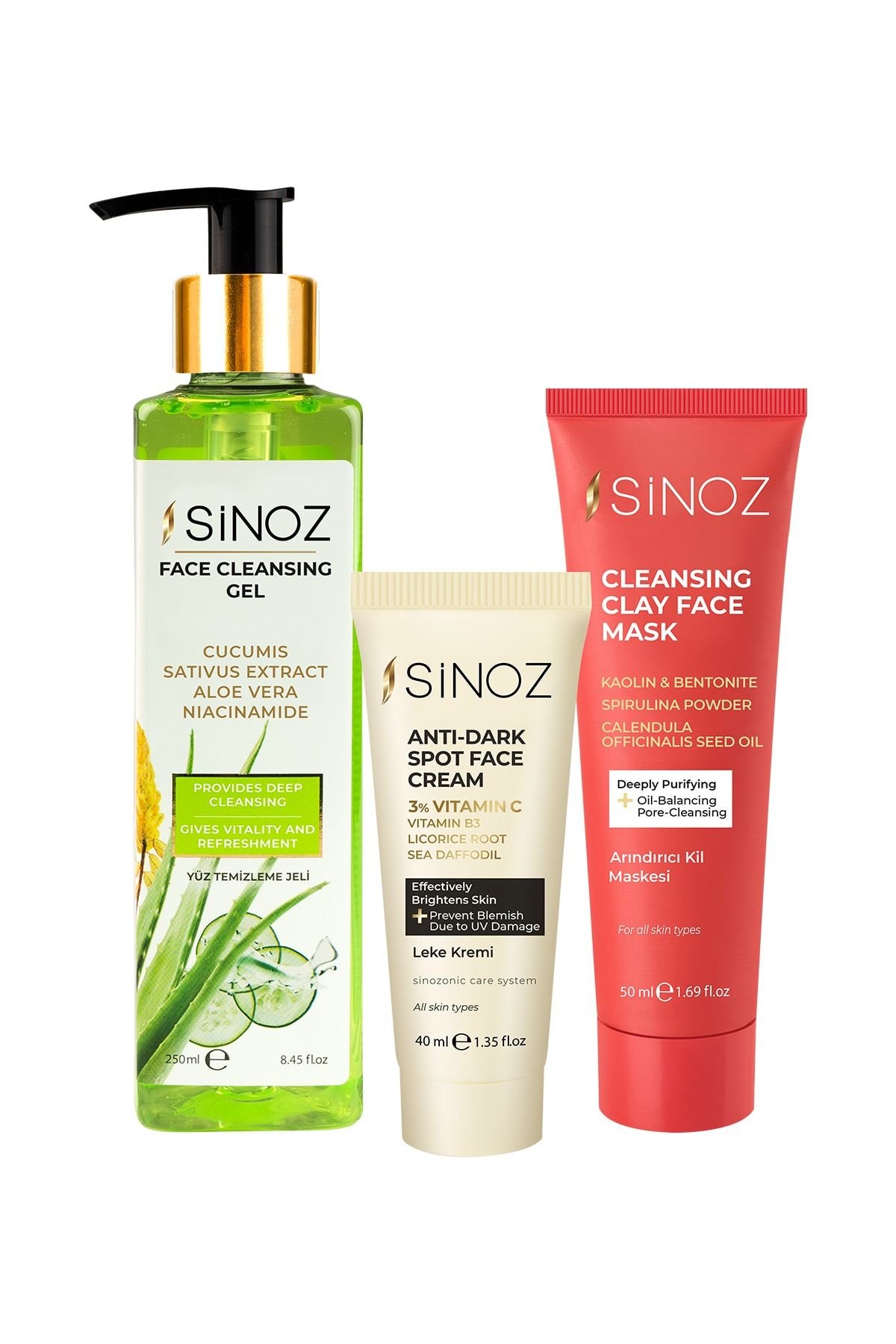 Sinoz Yüz Temizleme Jeli 250 ml, Leke Kremi 40 ml ve Arındırıcı Kil Maskesi 50 ml
