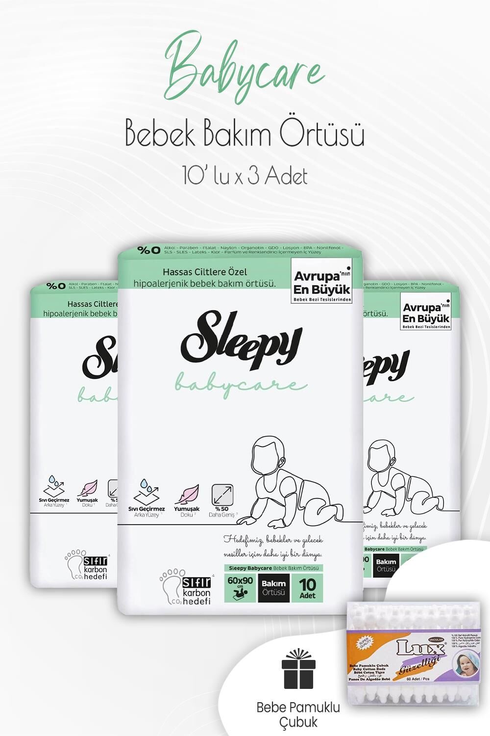Sleepy Babycare Bebek Bakım Örtüsü 10'lu x 3 Adet ve Bebek Pamuk Çubuğu