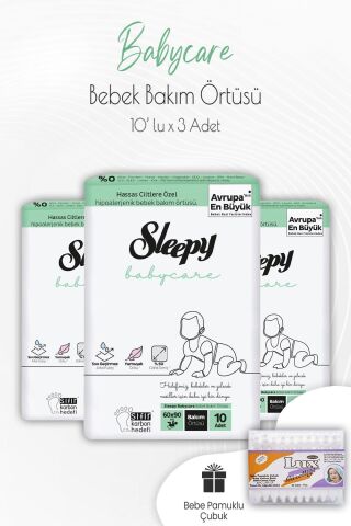 Sleepy Babycare Bebek Bakım Örtüsü 10'lu x 3 Adet ve Bebek Pamuk Çubuğu