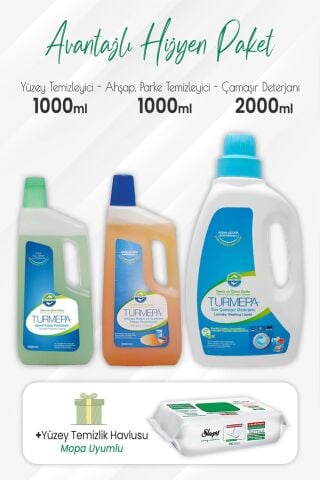 Turmepa Yüzey Temizleyici 1 lt, Ahşap Parke Temizleyici 1 lt, Çamaşır Deterjan 2 lt ve Mopa Uyumlu 80'li