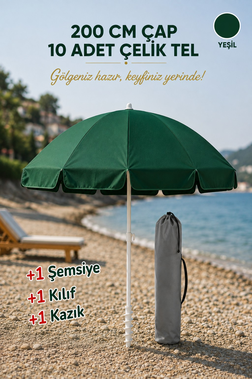 Yeşil Plaj Şemsiyesi 200 çap/10 çelik tel + Kazık + Kılıf, Kumsal Paketi