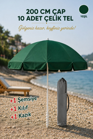 Yeşil Plaj Şemsiyesi 200 çap/10 çelik tel + Kazık + Kılıf, Kumsal Paketi