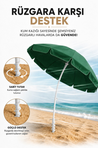 Yeşil Plaj Şemsiyesi 200 çap/10 çelik tel + Kazık + Kılıf, Kumsal Paketi
