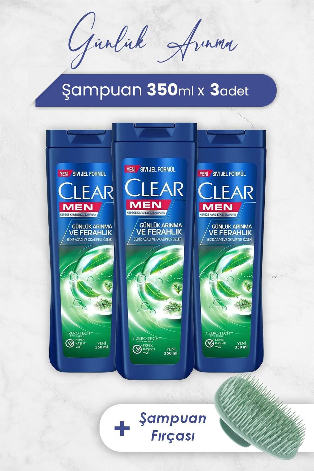 Clear Men Şampuan Günlük Arınma ve Ferahlık 350 ml x 3 Adet ve Şampuan Fırçası