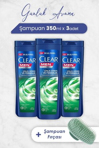 Clear Men Şampuan Günlük Arınma ve Ferahlık 350 ml x 3 Adet ve Şampuan Fırçası