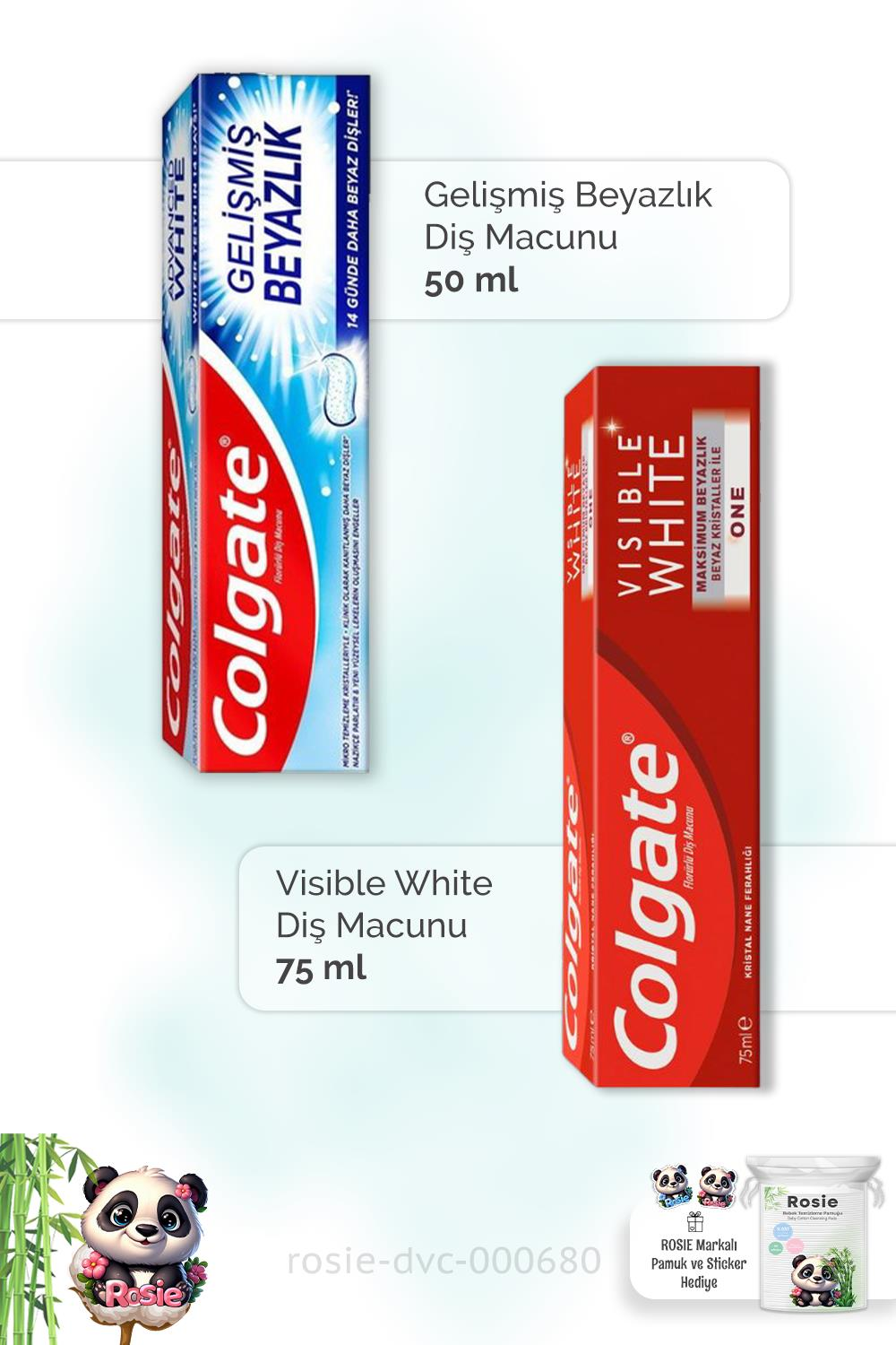 Colgate Gelişmiş Beyazlık 50 ml,  Visible White 75 ml Diş Macunu ve ROSIE