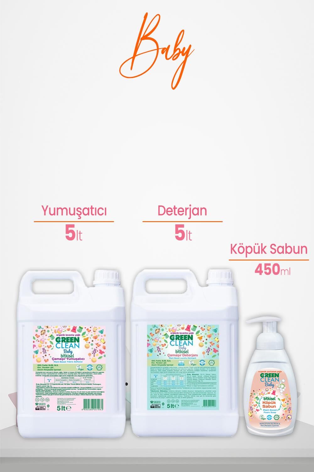 Green Clean Baby Bitkisel Çamaşır Yumuşatıcı ve Deterjanı Lavanta 5 lt ve Köpük Sabun Portakal 450 ml