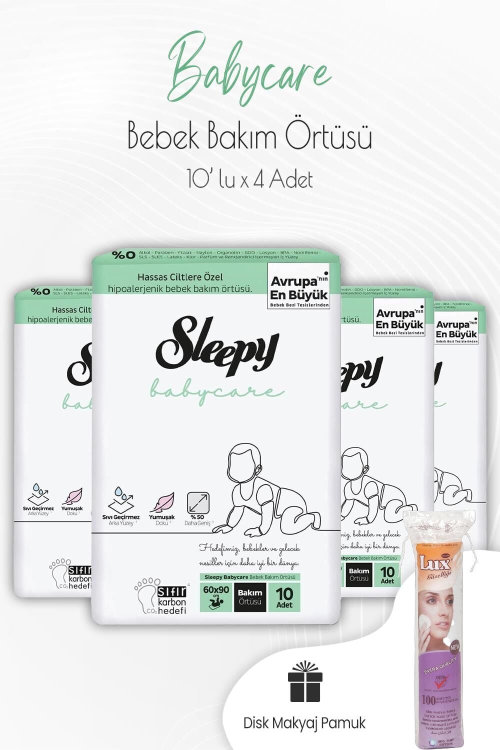 Sleepy Babycare Bebek Bakım Örtüsü 10'lu x 4 Adet ve Disk Pamuk