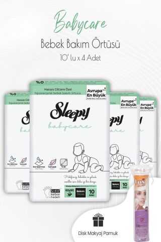 Sleepy Babycare Bebek Bakım Örtüsü 10'lu x 4 Adet ve Disk Pamuk