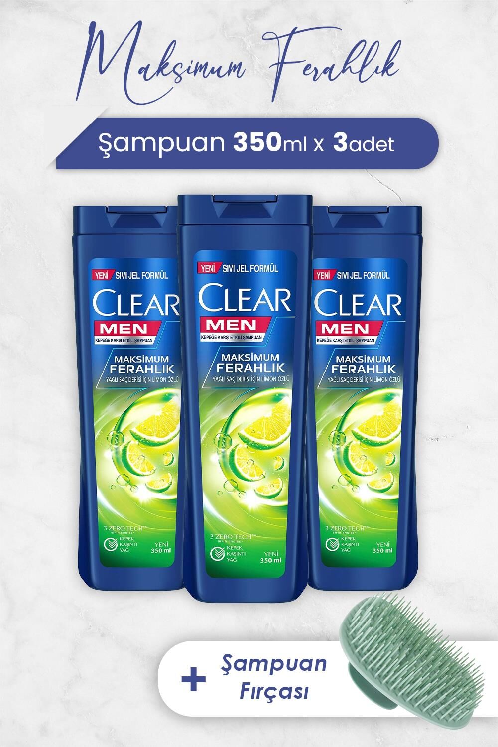 Clear Men Şampuan Maksimum Ferahlık 350 ml x 3 Adet ve Şampuan Fırçası