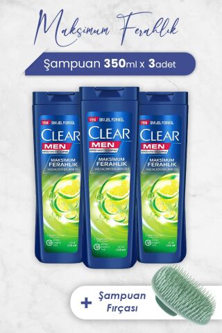 Clear Men Şampuan Maksimum Ferahlık 350 ml x 3 Adet ve Şampuan Fırçası