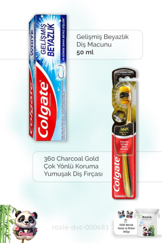 Colgate Gelişmiş Beyazlık 50 ml Diş Macunu, 360 Charcoal Gold Diş Fırçası ve ROSIE