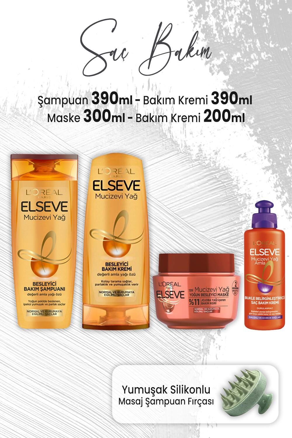 Elseve Mucizevi Yağ Amla Şampuan 390 ml, Bakım Kremi 390 ml, Maske 300 ml, Krem 200 ml ve Masaj Şampuan Fırçası Yeşil