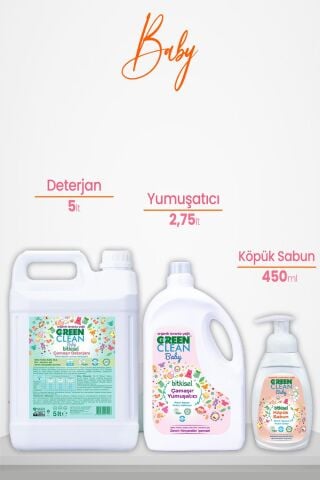 Green Clean Baby Yumuşatıcı 2750 ml, Çamaşır Deterjanı Lavanta 5 lt ve Köpük Sabun Portakal 450 ml