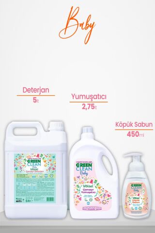 Green Clean Baby Yumuşatıcı 2750 ml, Çamaşır Deterjanı Lavanta 5 lt ve Köpük Sabun Portakal 450 ml