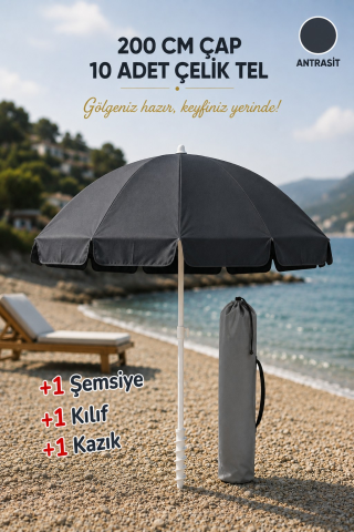Plaj Keyfi Antrasit Plaj Şemsiyesi 200 çap/10 çelik tel + Kazık + Kılıf