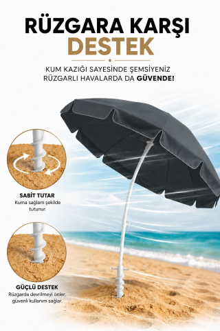 Plaj Keyfi Antrasit Plaj Şemsiyesi 200 çap/10 çelik tel + Kazık + Kılıf
