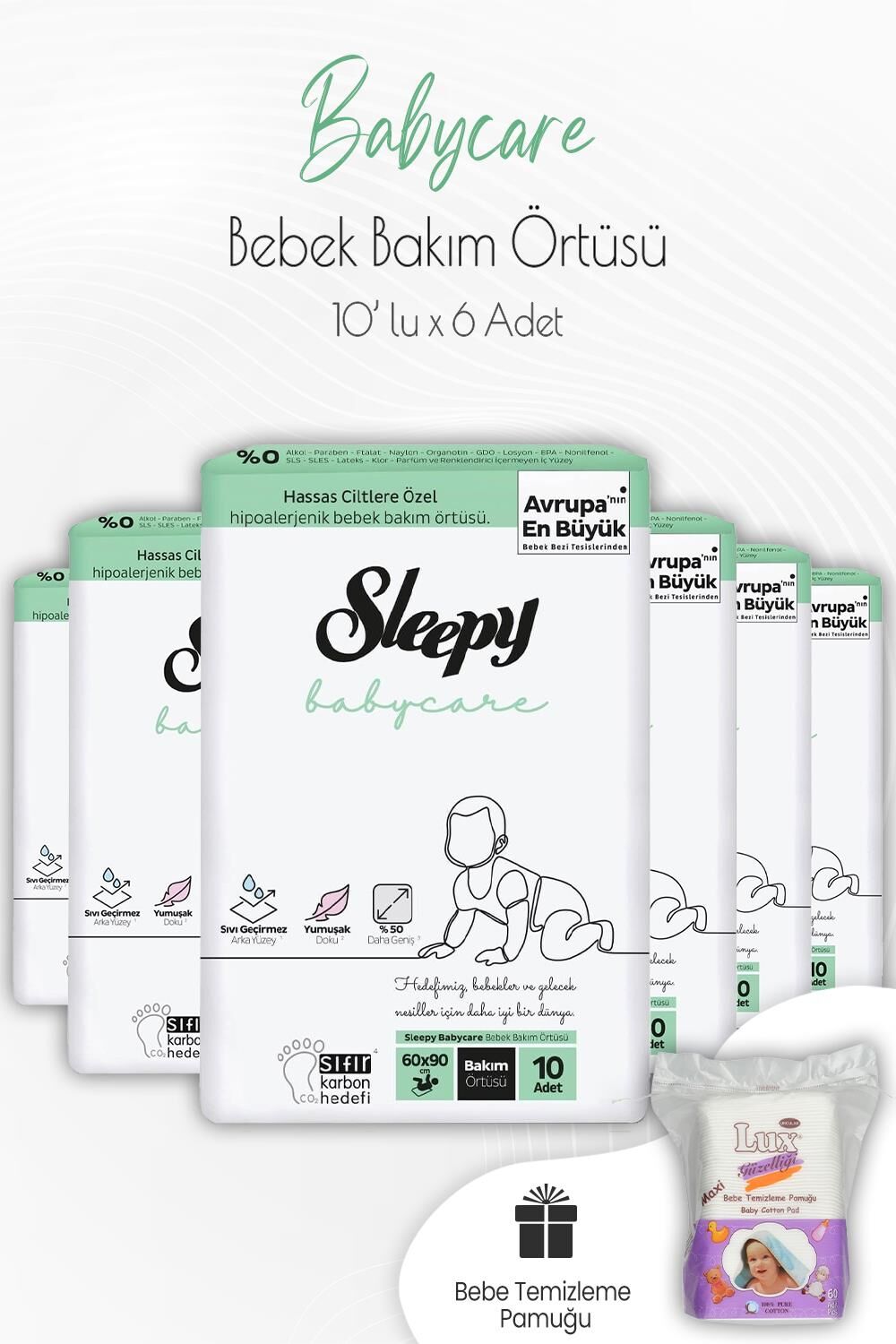 Sleepy Babycare Bebek Bakım Örtüsü 10'lu x 6 Adet ve Kare Bebek Pamuğu