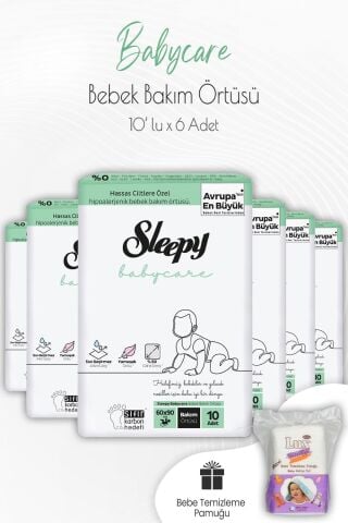 Sleepy Babycare Bebek Bakım Örtüsü 10'lu x 6 Adet ve Kare Bebek Pamuğu