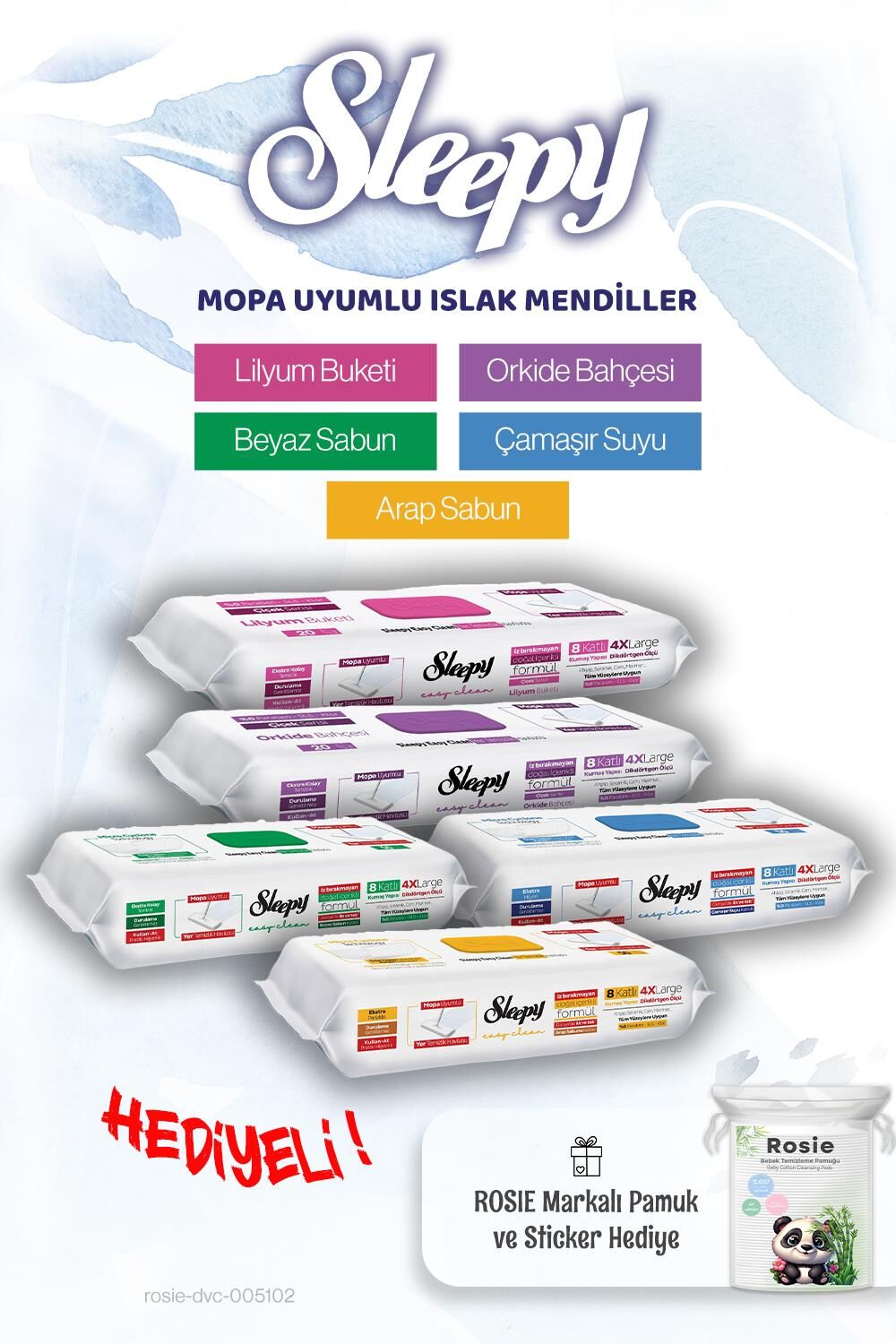 Sleepy Easy Clean Mopa Uyumlu 5'li Islak Mendil Paketi ve ROSIE pamuk hediye