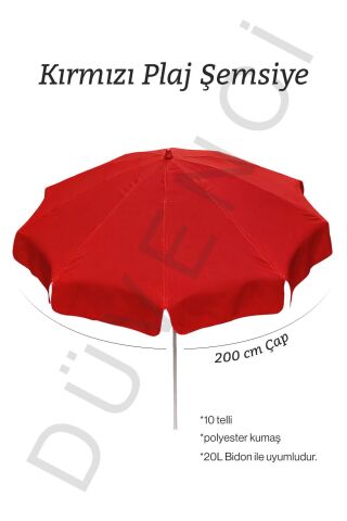 Kırmızı Renkli 200 cm Çap ve 10 Telli Plaj Şemsiyesi + Şemsiye Kılıfı, BİDONSUZ