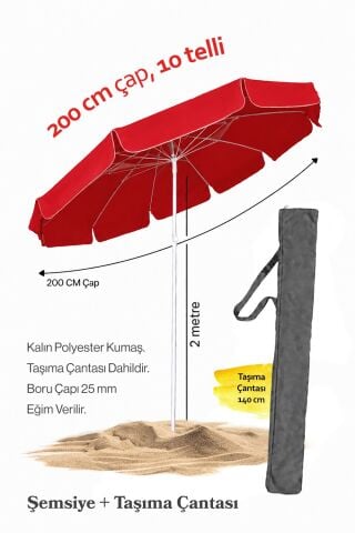 Kırmızı Renkli 200 cm Çap ve 10 Telli Plaj Şemsiyesi + Şemsiye Kılıfı, BİDONSUZ