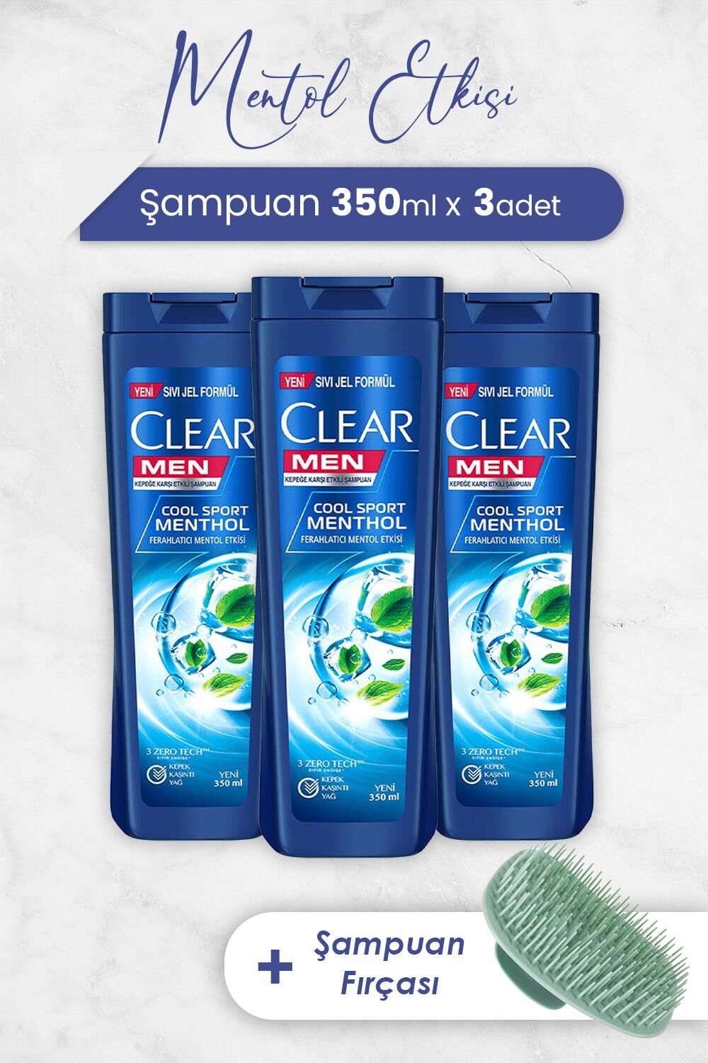 Clear Men Şampuan Ferahlatıcı Mentol Etkisi 350 ml x 3 Adet ve Şampuan Fırçası