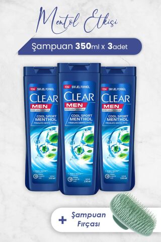 Clear Men Şampuan Ferahlatıcı Mentol Etkisi 350 ml x 3 Adet ve Şampuan Fırçası
