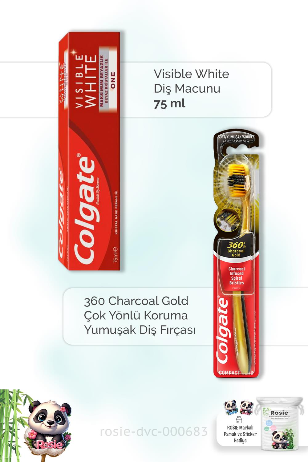 Colgate Visible White 75 ml Diş Macunu, 360 Charcoal Gold Diş Fırçası ve ROSIE