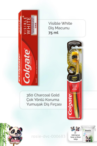 Colgate Visible White 75 ml Diş Macunu, 360 Charcoal Gold Diş Fırçası ve ROSIE