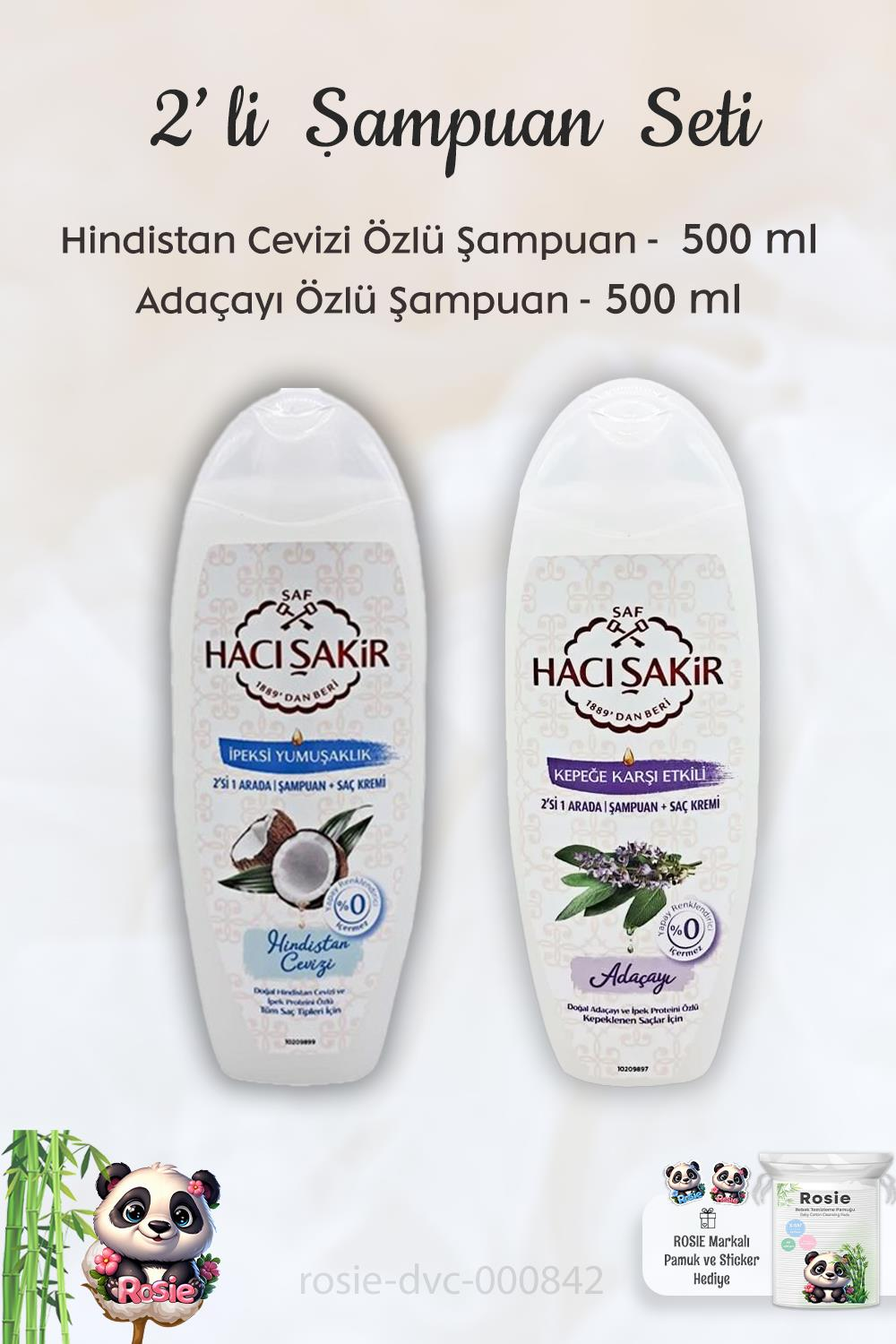 Hacı Şakir Hindistan Cevizi Şampuan 500 ml, Adaçayı Şampuan 500 ml ve ROSIE