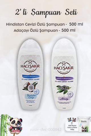 Hacı Şakir Hindistan Cevizi Şampuan 500 ml, Adaçayı Şampuan 500 ml ve ROSIE