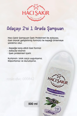 Hacı Şakir Hindistan Cevizi Şampuan 500 ml, Adaçayı Şampuan 500 ml ve ROSIE