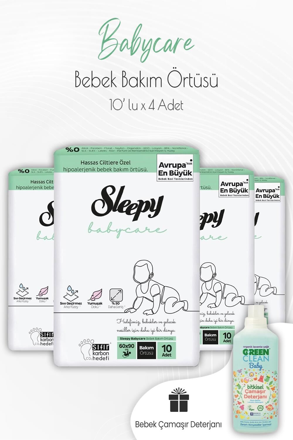 Sleepy Babycare Bebek Bakım Örtüsü 10'lu x 4 Adet ve Bebek Deterjanı
