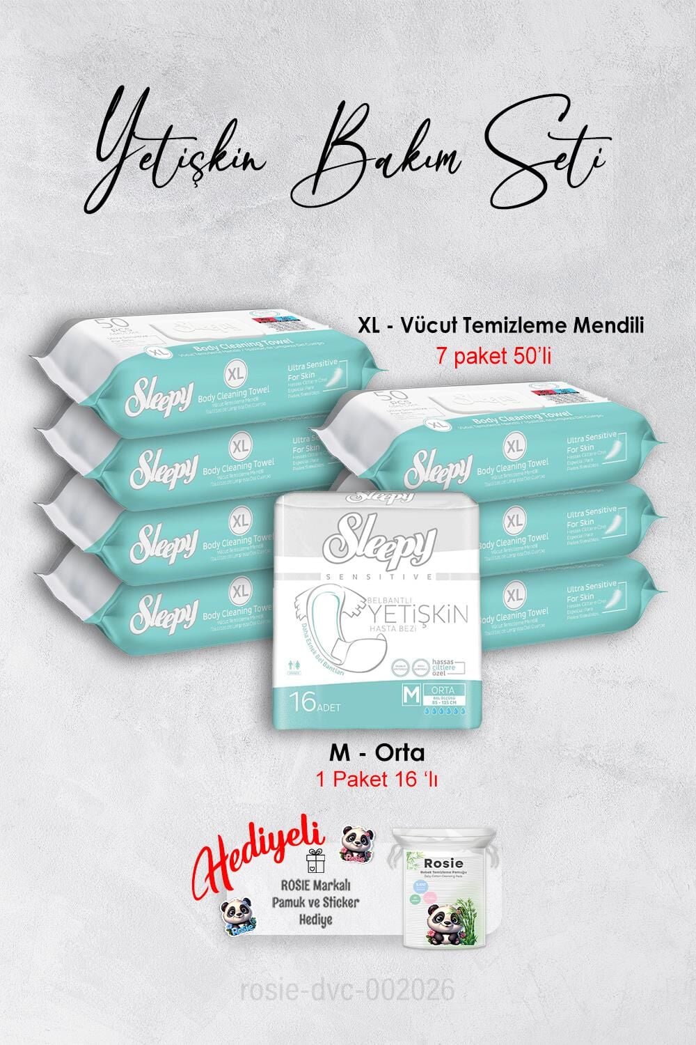 Sleepy 50'li Vücut Temizleme Havlusu x7 ve Medium Yetişkin Bez 16'lı, ROSIE hediye