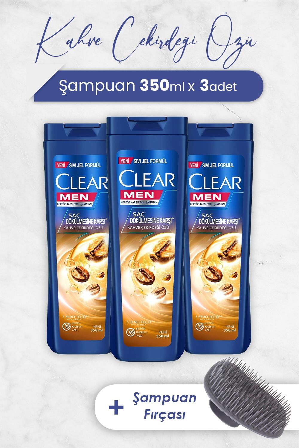 Clear Men Şampuan Saç Dökülmesine Karşı 350 ml x 3 Adet ve Şampuan Fırçası