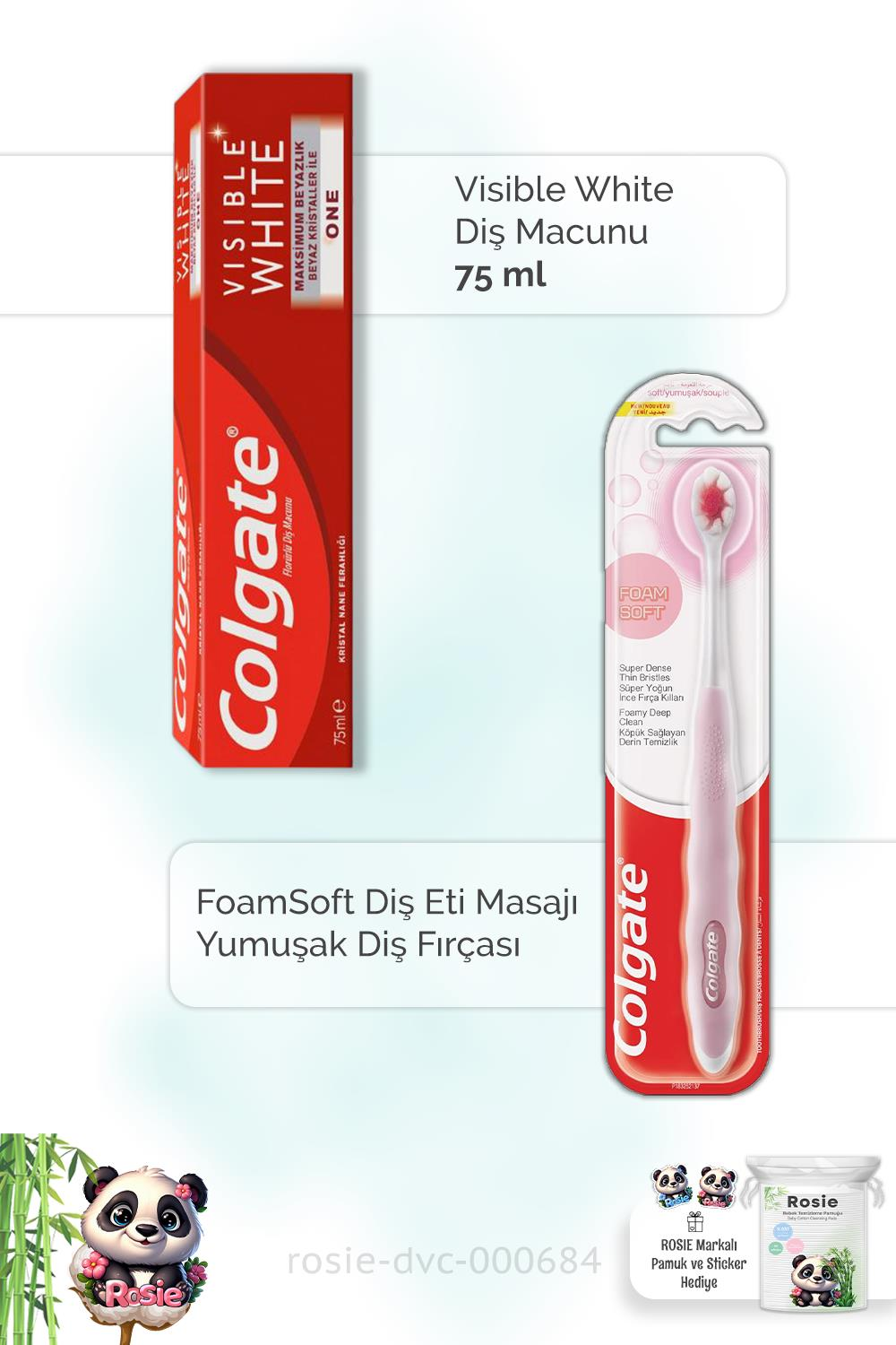Colgate Visible White 75 ml Diş Macunu, FoamSoft Diş Eti Masajı Diş Fırçası ve ROSIE