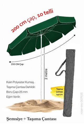 Yeşil Renkli 200 cm Çap ve 10 Telli Plaj Şemsiyesi + Şemsiye Kılıfı, BİDONSUZ
